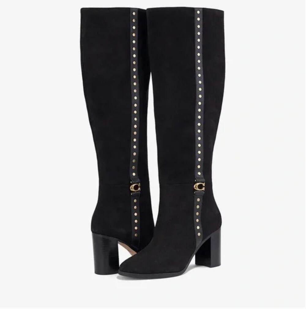 Coach Ollie Knee High Boots Suede Block Heel Studded Preppy Fall Winter 5.5